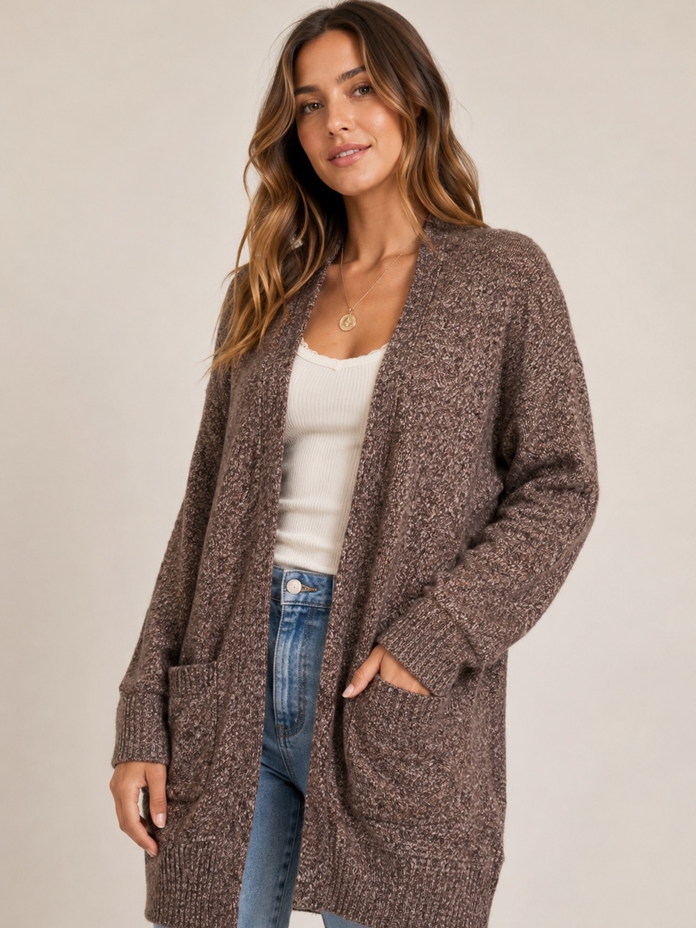 Lucky Brand Marled Brown Open Front Cardigan Sweater Size Large